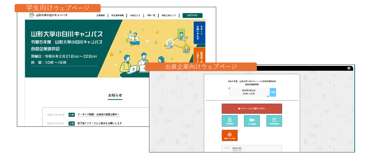 山形大学合同企業研究会で使用したウェブサイトの学生向けページと企業向けページ